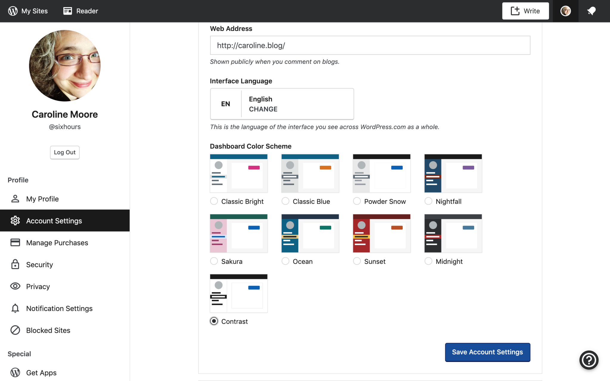 Screenshot of the WordPress.com dashboard with Contrast color scheme applied.