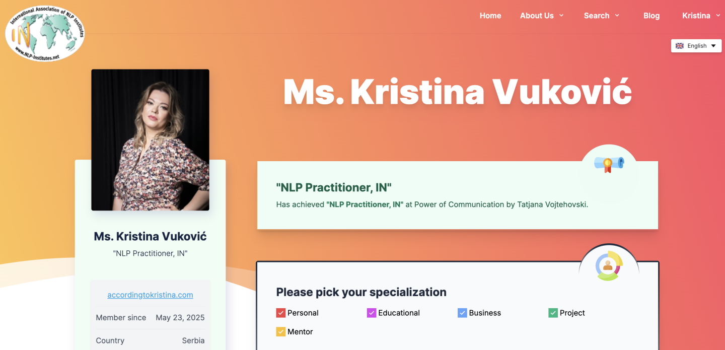 Profil na sajtu Asocijacije NLP instituta @According to Kristina